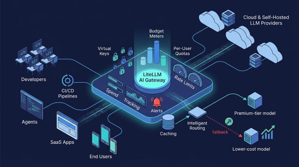 LiteLLM budget control architecture for AI cost optimization, LLM spend tracking, virtual keys, user budgets, rate limits, and model fallbacks