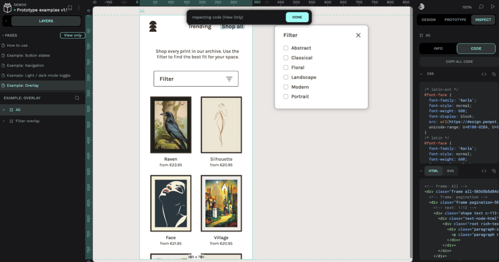 Penpot code inspect screenshot