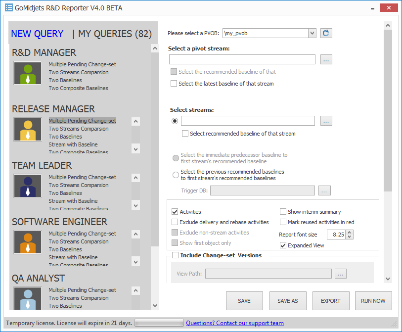 Figure 1: the new R&D Reporter interface. New query templates are adjusted for all stakeholders in the R&D department.